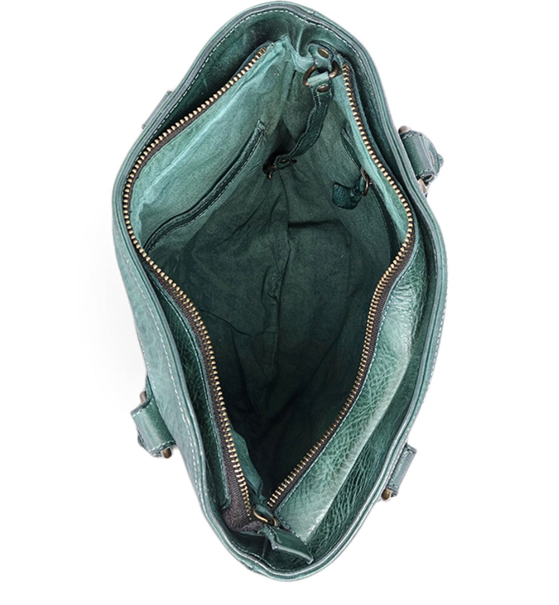 The inside of a Gala green leather bag with zippers. (Brand: Bed Stu)