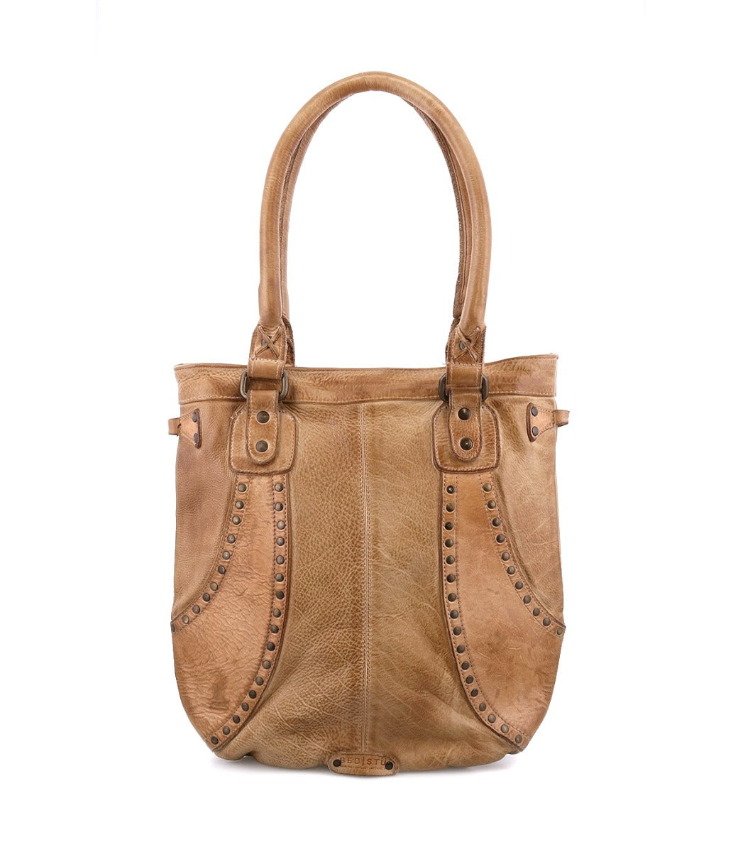 A Gala tan leather tote bag with rivets by Bed Stu.