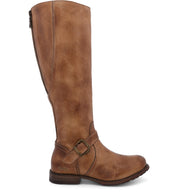 A women's Glaye tan riding boot with buckles and buckles by Bed Stu.