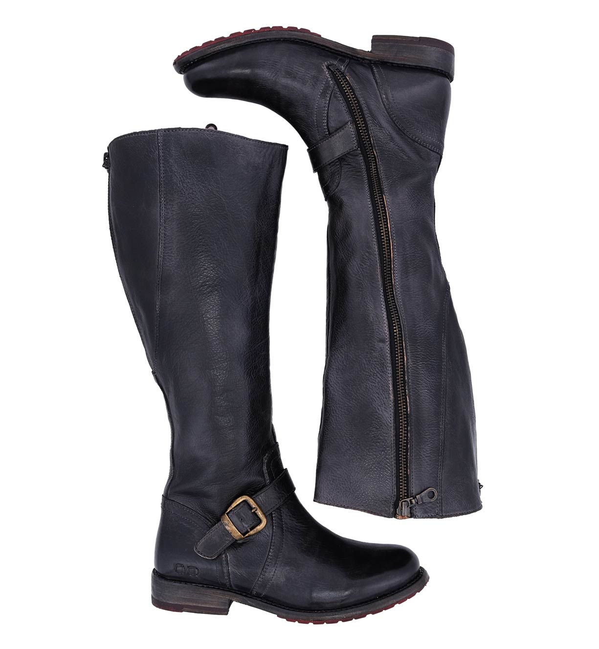 A pair of Glaye Wide Calf black leather boots with buckles and zippers from Bed Stu.