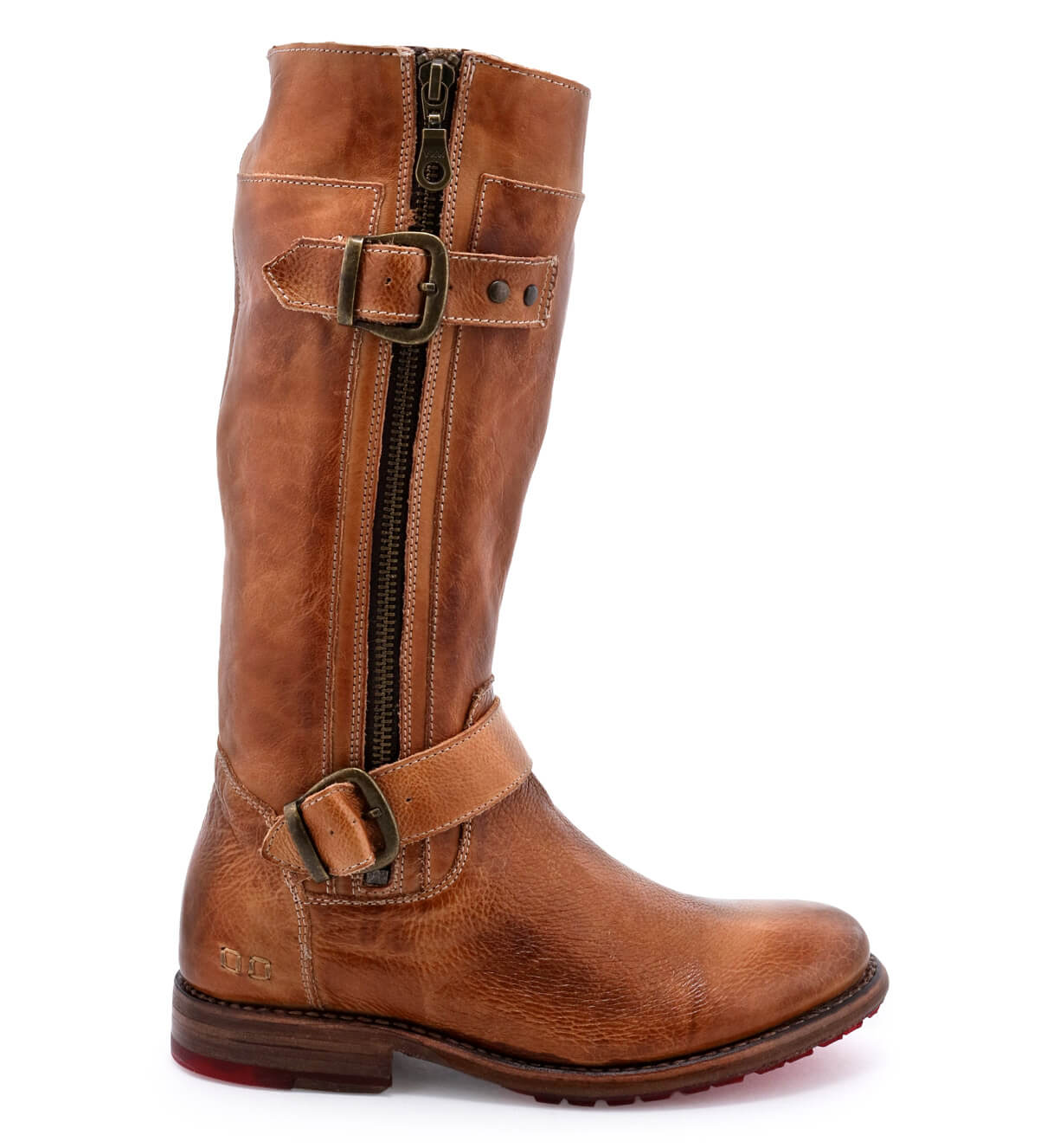 A women's Gogo Lug tan leather boot with buckles and buckles by Bed Stu.