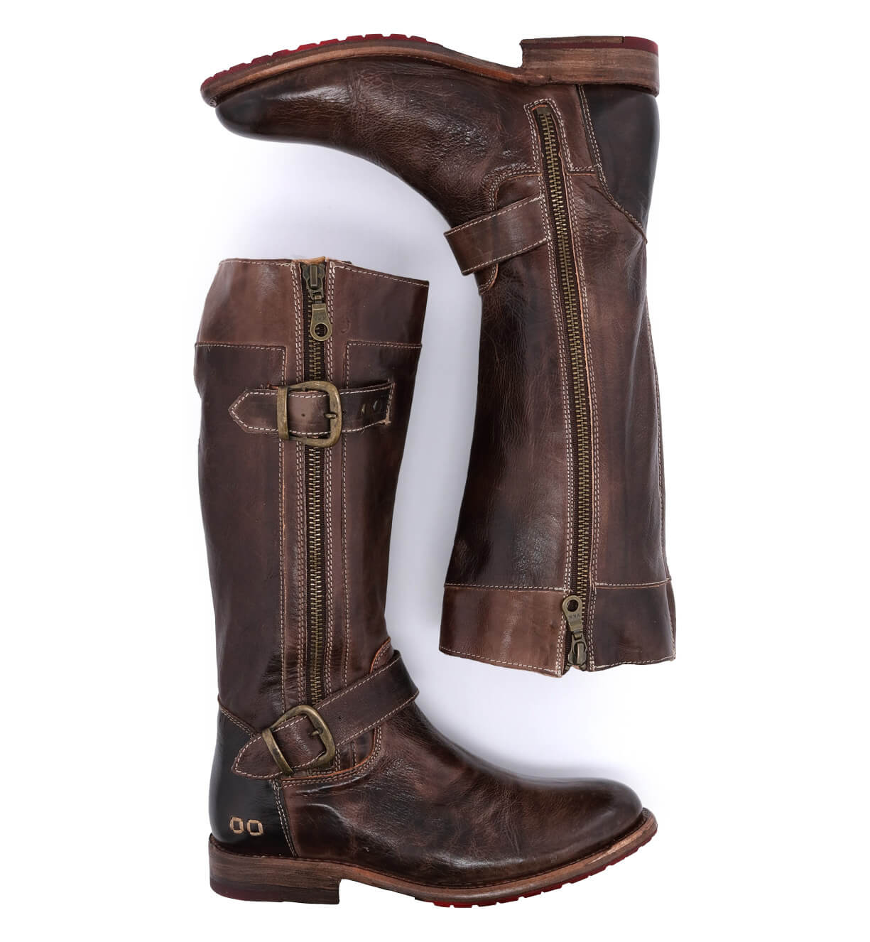 A pair of Bed Stu Gogo Lug brown leather boots with buckles and zippers.
