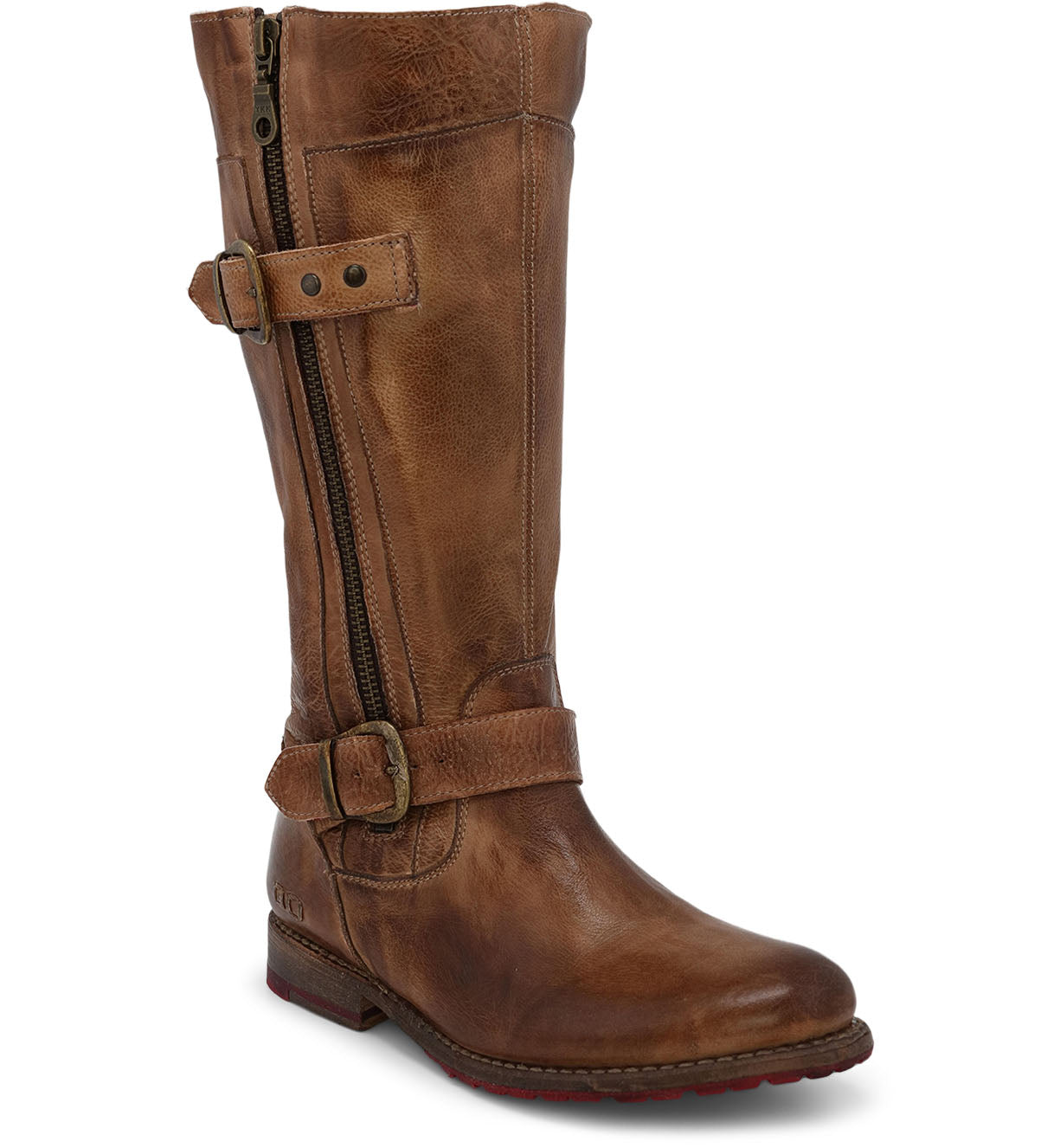 A women's Gogo Lug Wide Calf brown leather boot with buckles and zippers by Bed Stu.