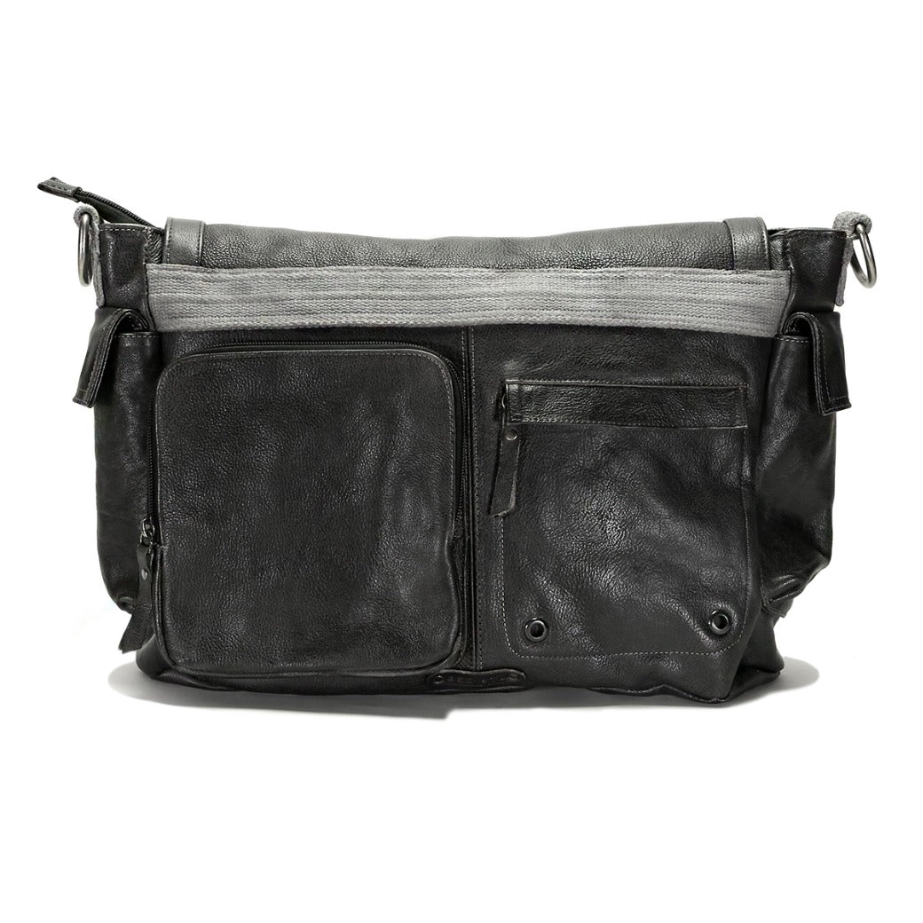 A black leather Hawkeye II bag with two compartments by Bed Stu.
