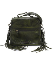 Hidden by Bed Stu- A green leather cross body bag with fringes.
