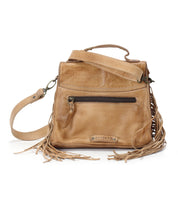 Hidden by Bed Stu: A tan leather crossbody bag with fringes.