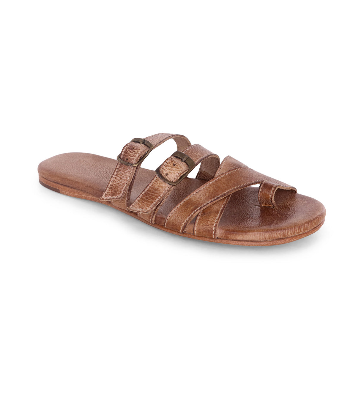 A women's tan leather sandal with straps called Hilda by Bed Stu.