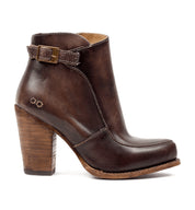 A brown leather ankle boot with a wooden heel named Isla by Bed Stu.