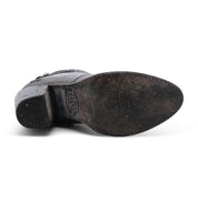 A worn-out Bed Stu Isla leather heeled bootie sole with visible scuff marks and signs of wear.