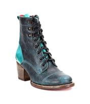 Introducing the Judgement Boot by Bed Stu: a stunning blue and teal leather masterpiece featuring an 8-eye lace-up design, a chunky heel, and a cushioned insole for ultimate comfort.