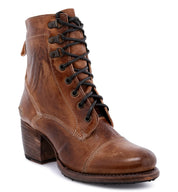 A women's brown leather boot with laces called "Judgement" by Bed Stu.