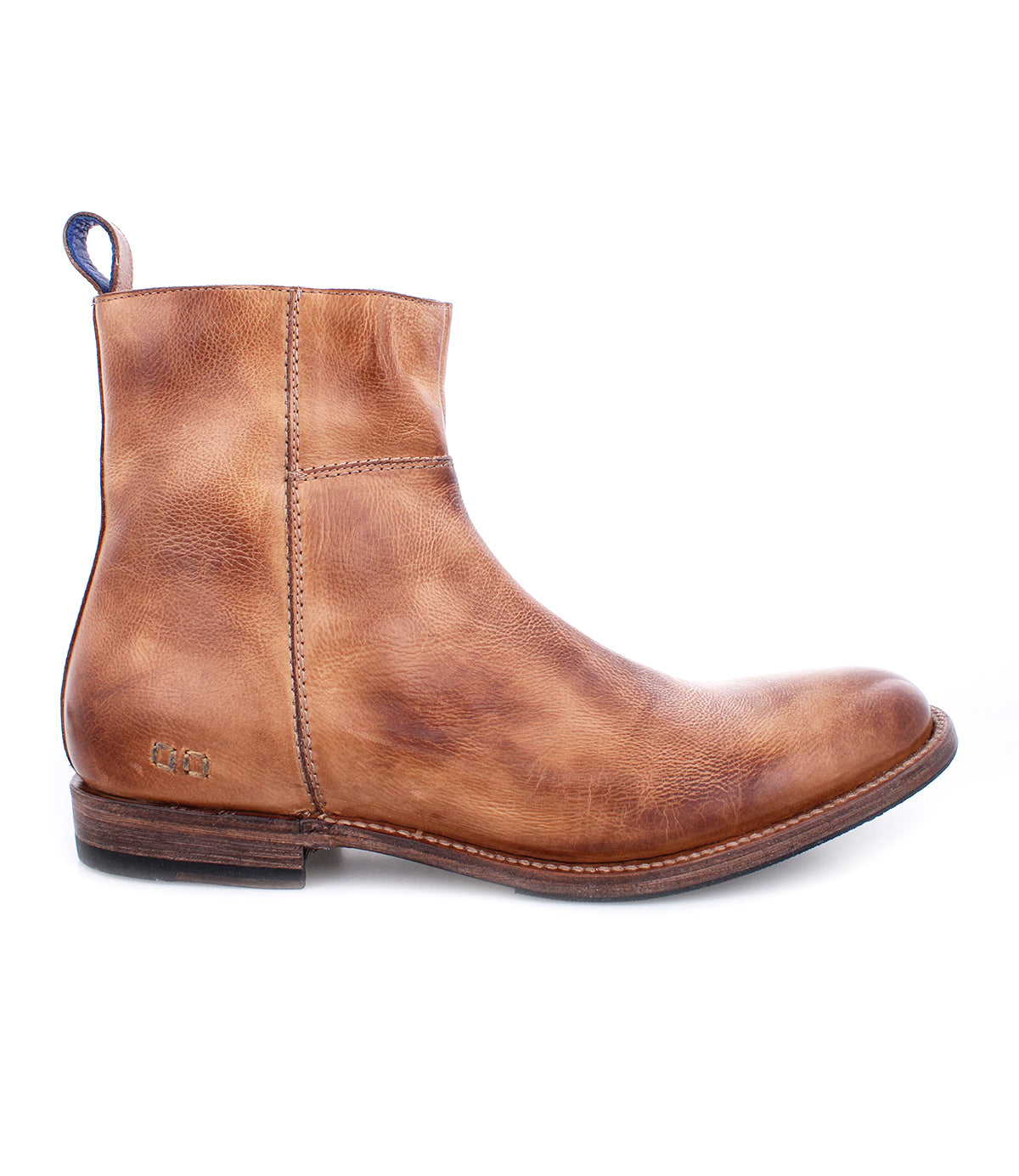 A comfortable tan leather ankle boot with a loop on the back, displayed on a white background.
