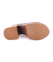 Bottom view of a well-worn Bed Stu Karaoke platform shoe displaying a partially detached sole with a noticeable gap in the middle of the heel, revealing the inner material.