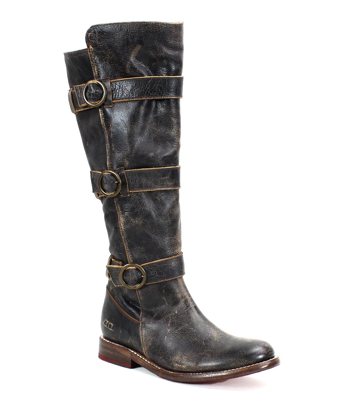 A tall beauty, the Bed Stu Kitty single worn black leather knee-high boot showcases a distressed finish with edgy sophistication, featuring three adjustable buckles for a customizable fit along the shaft and a low wooden heel.