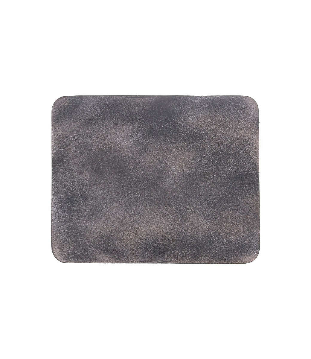 A rectangular, weathered gray leather Launcher Mouse Pad by Bed Stu with rounded corners and a suede underside on a white background—perfect for your curated workspace.