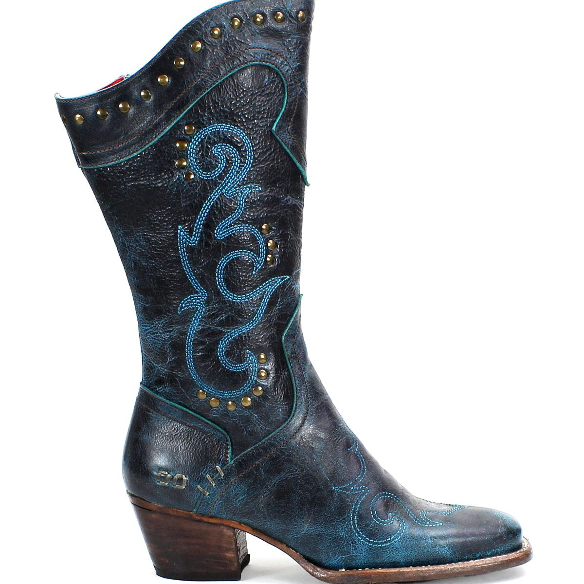 A single black leather Western mid-calf boot from Bed Stu called "Limit," featuring intricate blue floral stitching, brass studs, and a wooden heel, displayed on a white background.