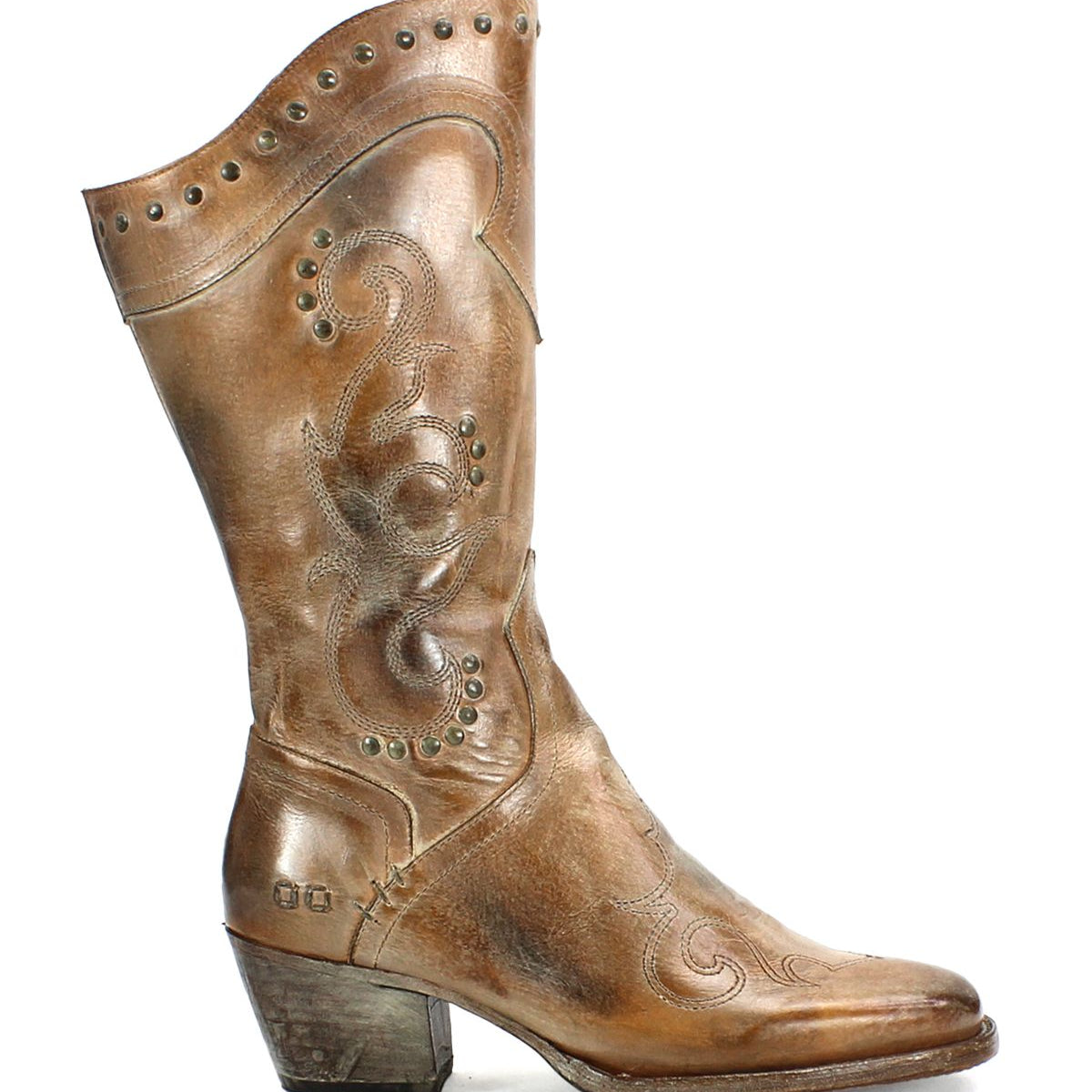 The Limit by Bed Stu, a brown leather cowboy boot adorned with decorative floral stitching and metal studs, featuring a slightly slanted heel and a pointed toe, embodies the classic charm of Western mid-calf boots.