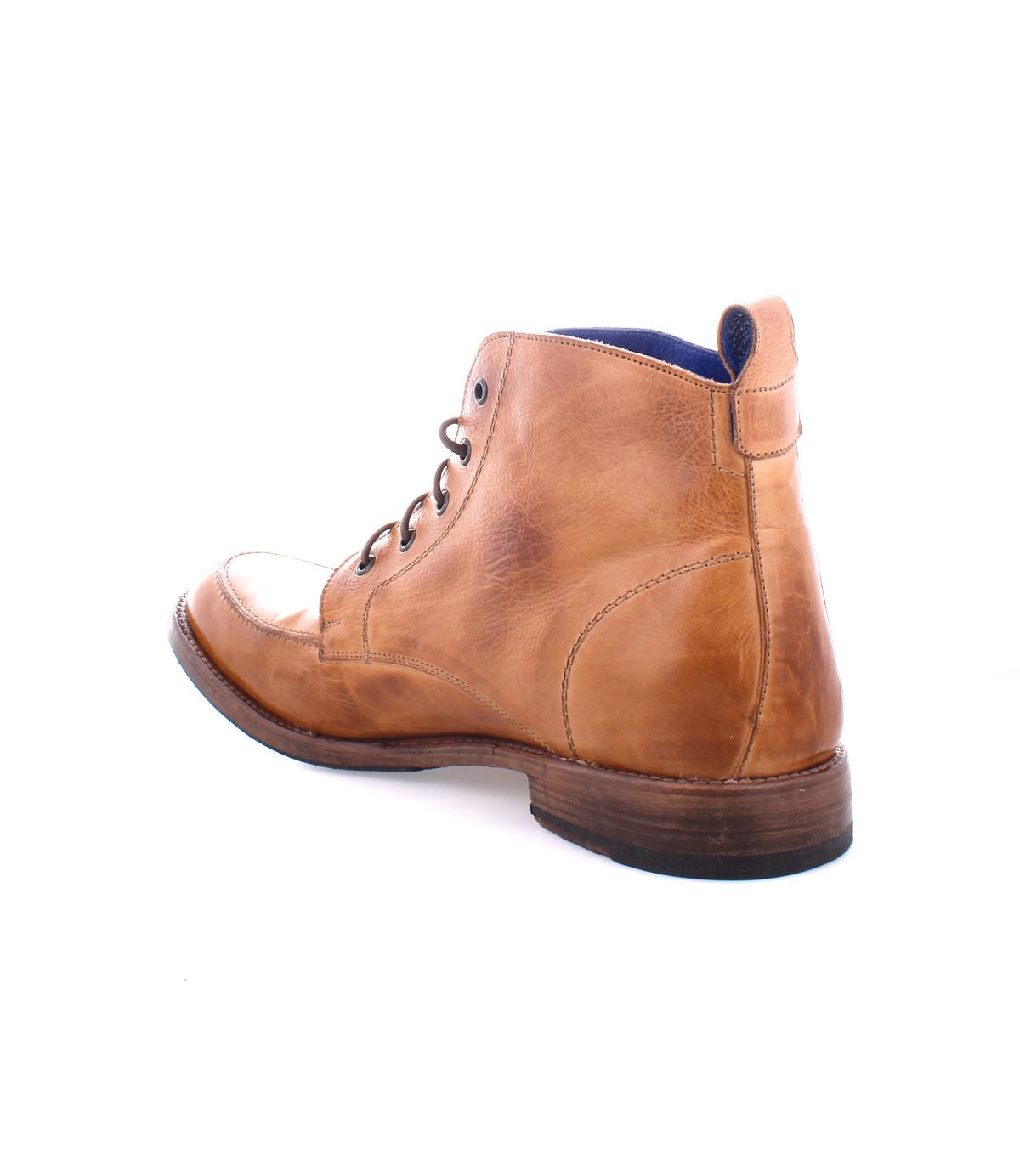 The Lincoln II by Bed Stu is a tan leather ankle boot featuring dark brown laces and a wooden sole, seen from the back angle, capturing the essence of a classic lace-up style for an elegant appearance.
