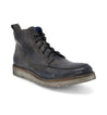 A single Lincoln work boot from Bed Stu, featuring dark leather with laces, a blue textile collar, and a worn look, isolated on a white background.