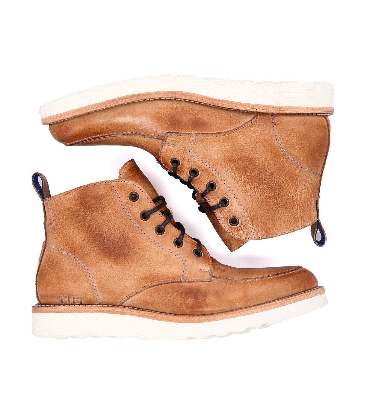 A pair of tan men's leather Lincoln boots with laces, viewed from above, isolated on a white background. (Bed Stu)
