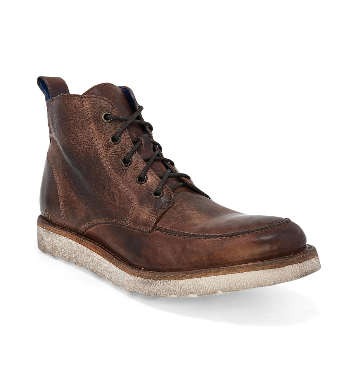 A brown leather lace-up work boot with a white sole, shown against a white background from the Bed Stu Lincoln collection.