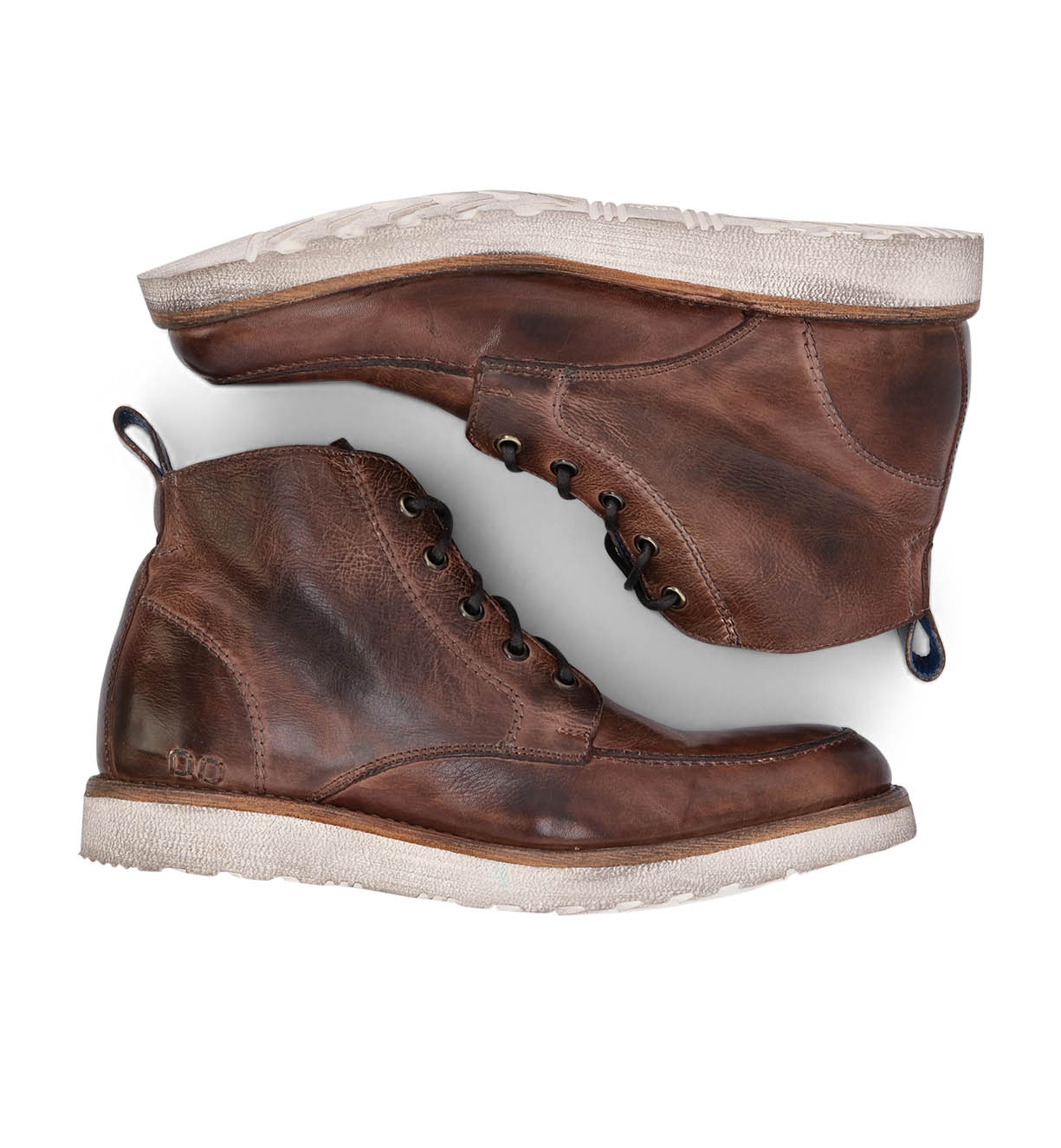 A pair of Bed Stu men's brown leather Lincoln work boots with laces and white soles, isolated on a white background.