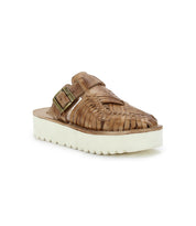 The Linette by Bed Stu is a brown hand-woven leather sandal with a thick white XL EXTRALIGHT® outsole and an adjustable buckle.