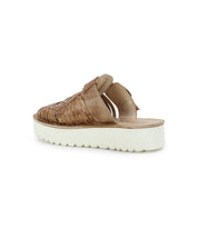 The Linette by Bed Stu features a brown hand-woven leather design with a thick XL EXTRALIGHT® platform sole, shown from the back angle.