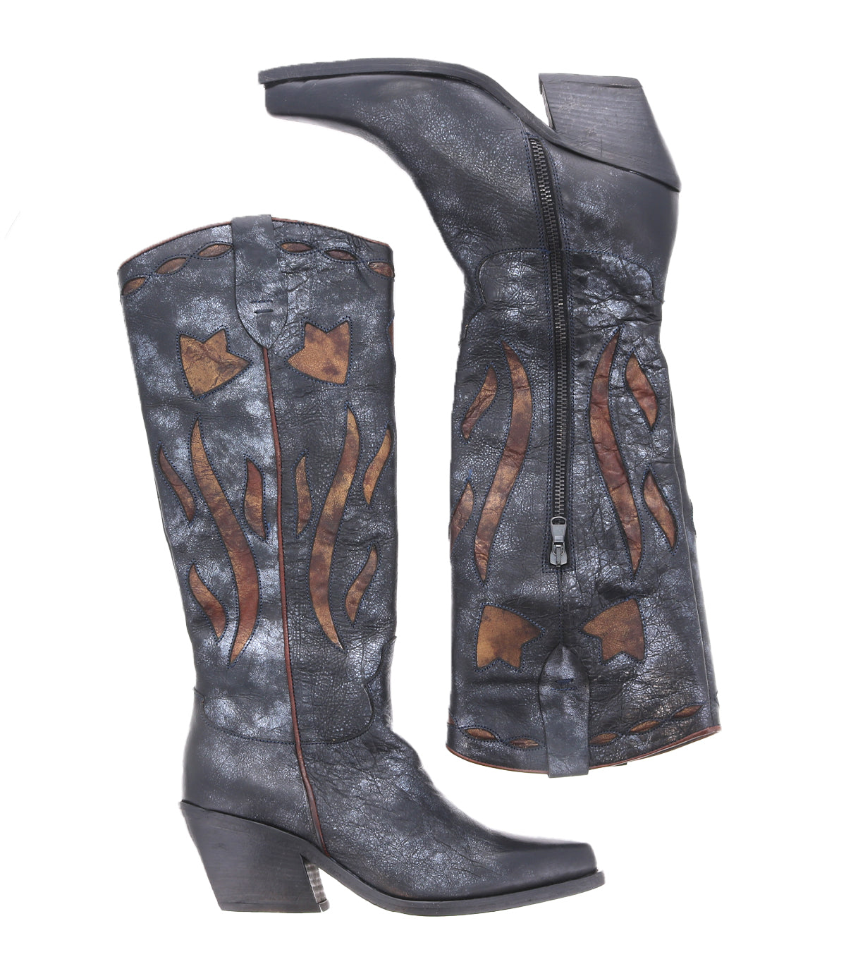 A pair of Bed Stu's Meadow black cowgirl boots featuring brown flame-shaped details, floral inlay designs, and side zippers, viewed from both the left side and the bottom sole.