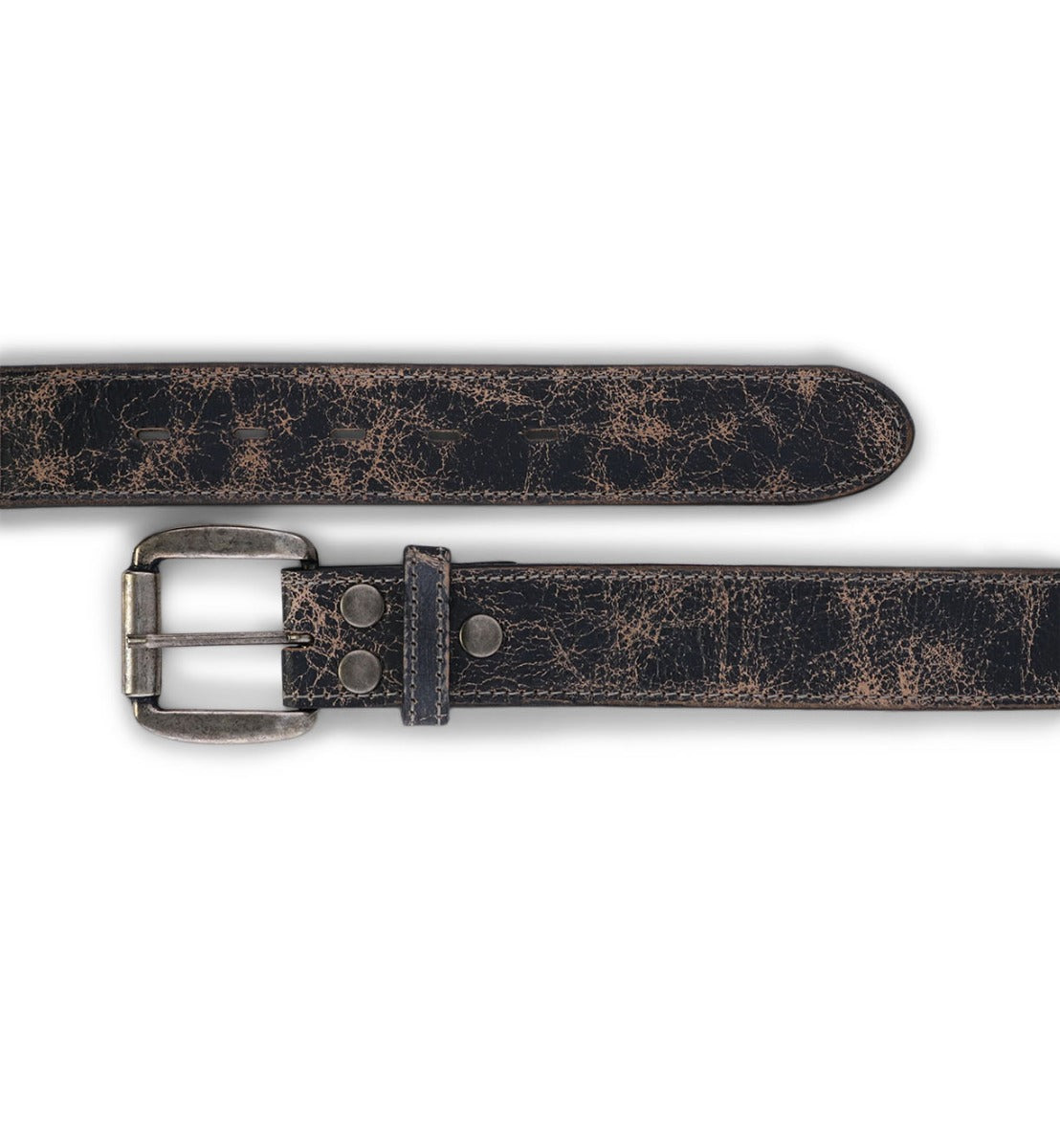 A weathered black leather Meander belt with an antique metal buckle, isolated on a white background by Bed Stu.