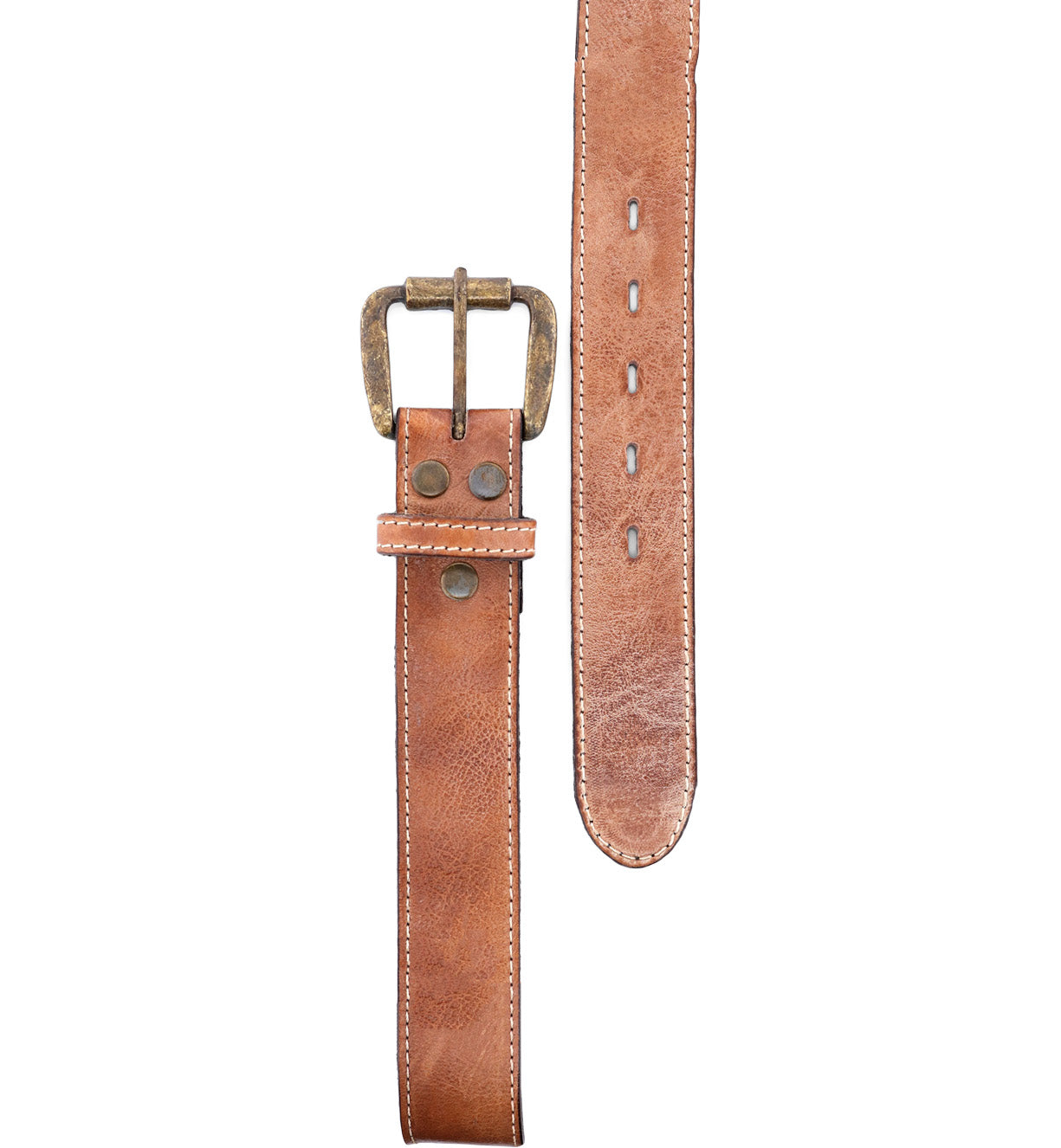 A worn brown leather Meander belt by Bed Stu with an antique metal buckle, shown against a white background. Multiple holes are visible along its length.