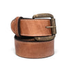A rolled-up Bed Stu Meander brown distressed leather belt with a brass buckle, isolated on a white background.