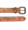 A brown distressed leather Meander belt by Bed Stu with a metal buckle, shown extended with holes for adjustment on a white background.