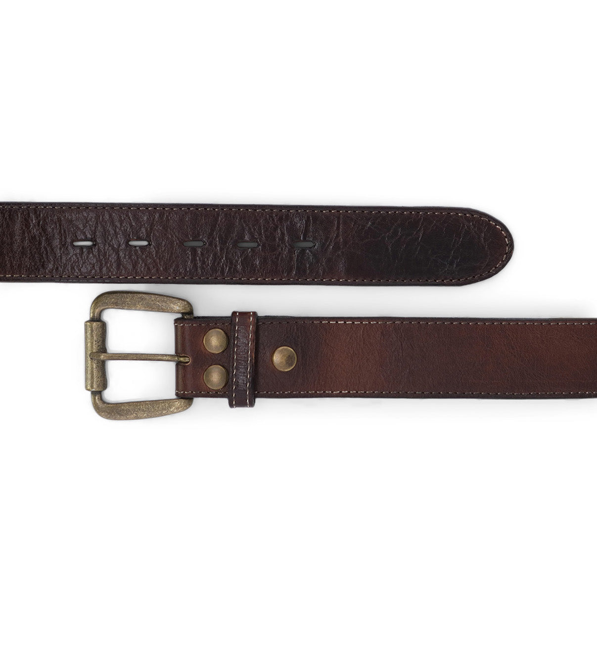 Two brown leather Meander belts with different textures and removable buckles, arranged parallel on a white background by Bed Stu.