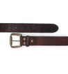 Two brown leather Meander belts with different textures and removable buckles, arranged parallel on a white background by Bed Stu.