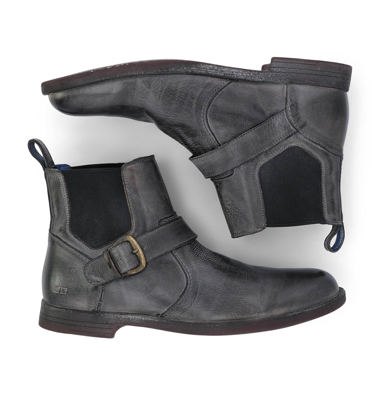 A pair of grey Bed Stu Michelangelo chelsea boots on a white background.
