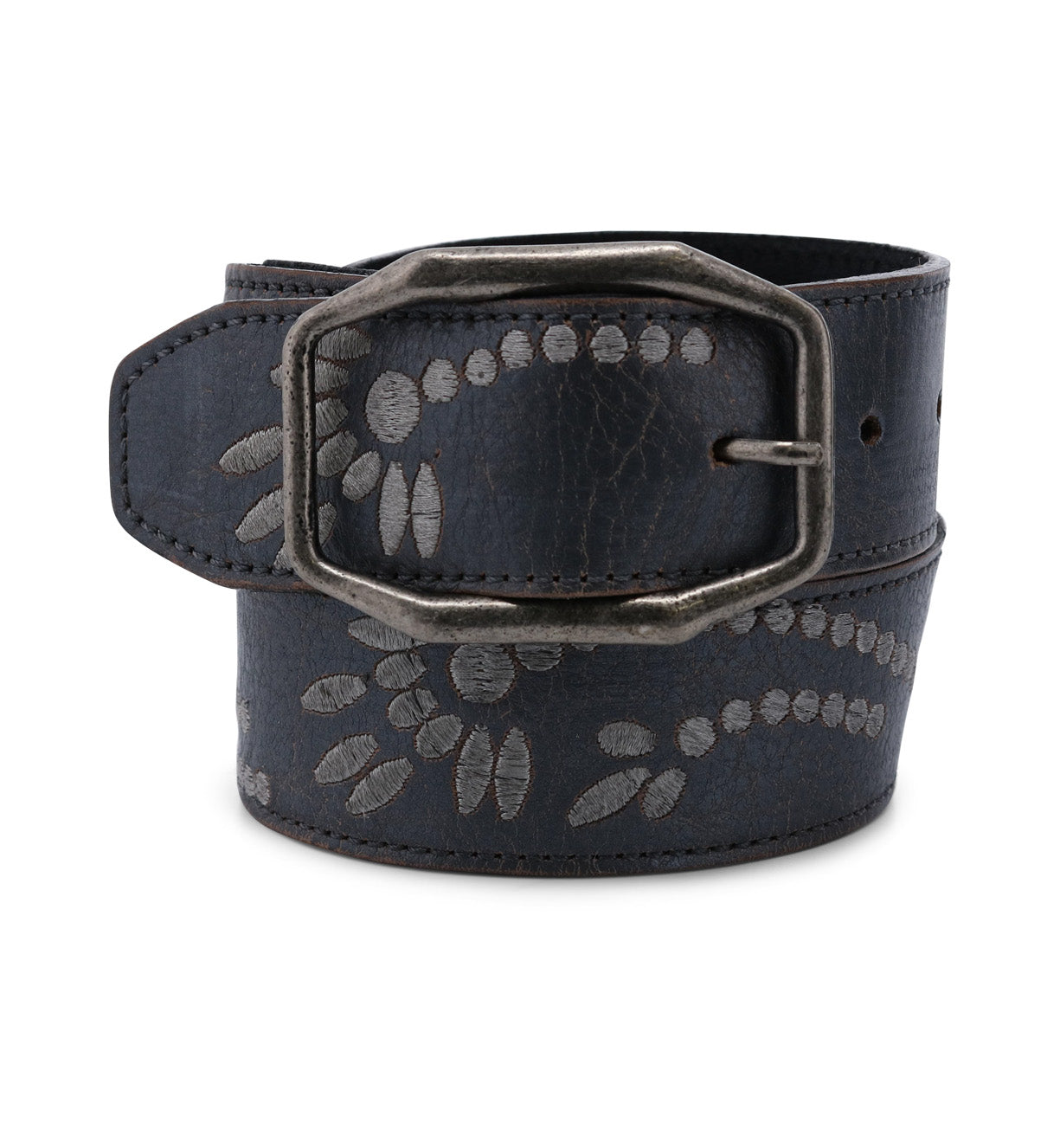 A black leather belt with a rectangular metal buckle and decorative stitching featuring leaf patterns, perfect as part of Bed|Stü's 'Shop the Look' Bundle!