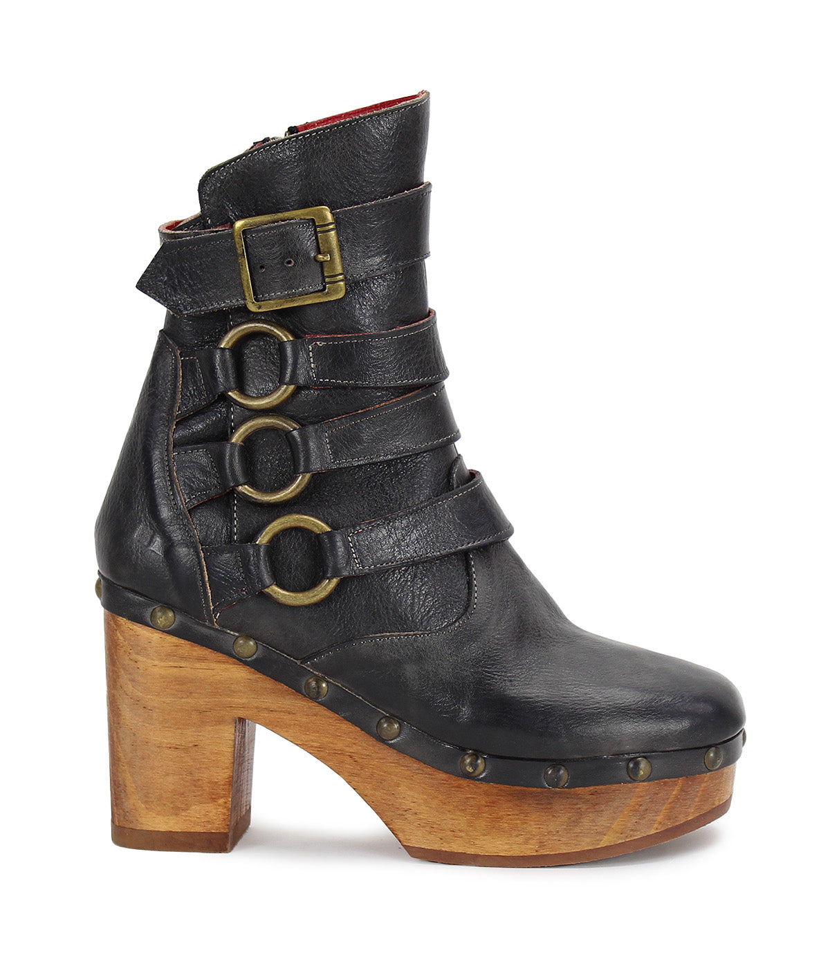 A women's Moira black leather ankle boot with wooden platform and metal accents. Brand: Bed Stu.