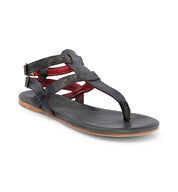 A women's Bed Stu Moon black leather sandal with red straps.