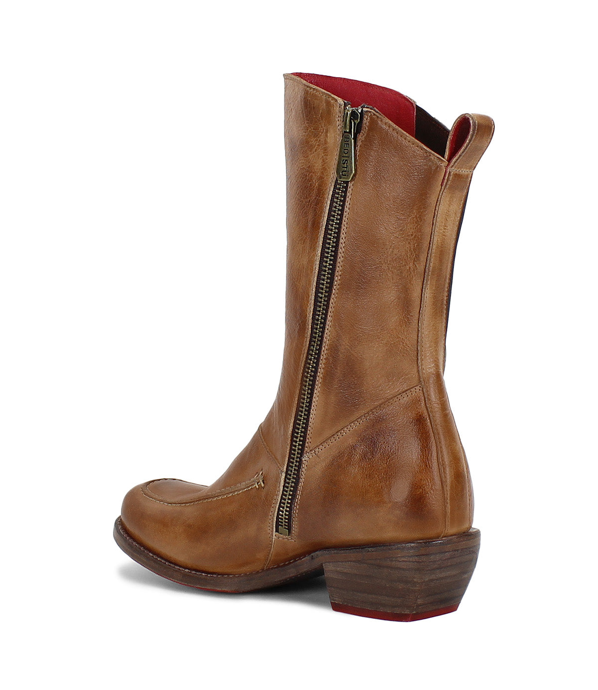 Nivi: A women's tan leather boot with a zipper on the side, by Bed Stu.