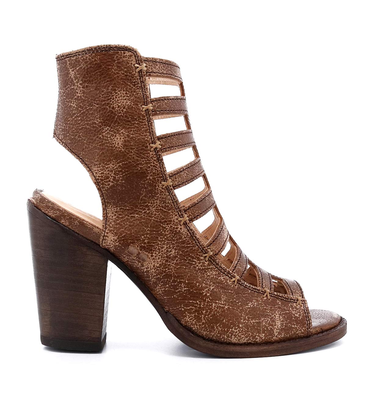 A women's brown high heeled Occam P sandal with a wooden heel by Bed Stu.