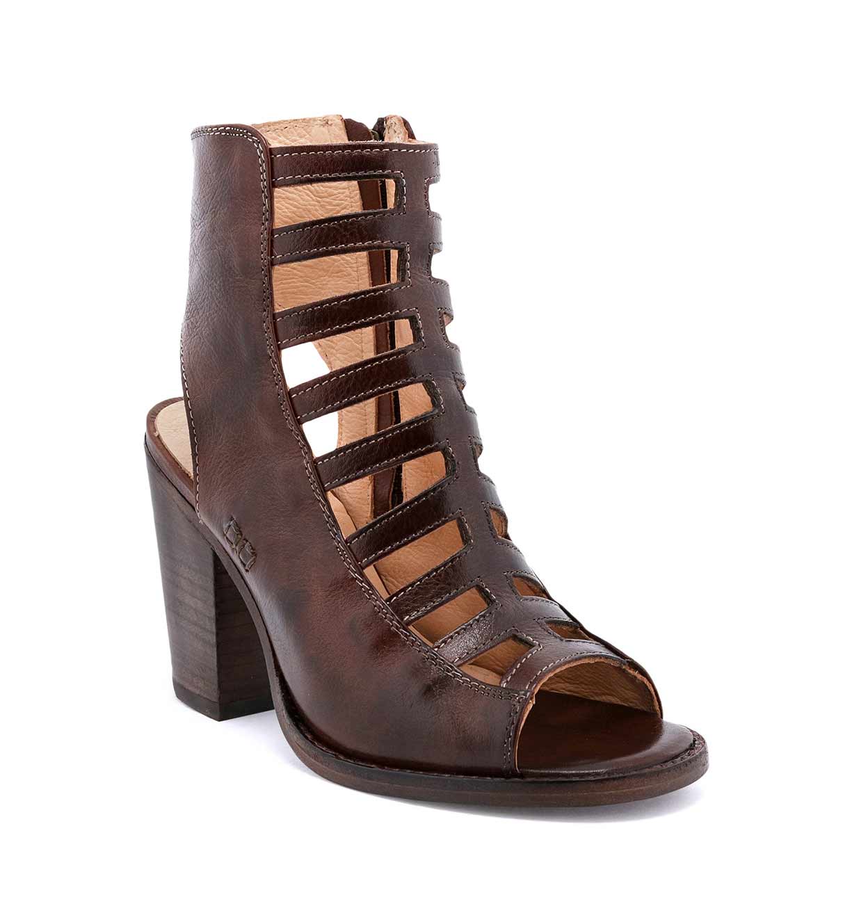 A women's brown high heeled sandal with a wooden heel, the Occam by Bed Stu.
