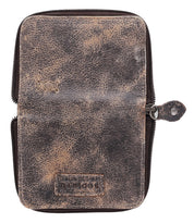 A brown leather Ozzie wallet with a zipper, by Bed Stu.