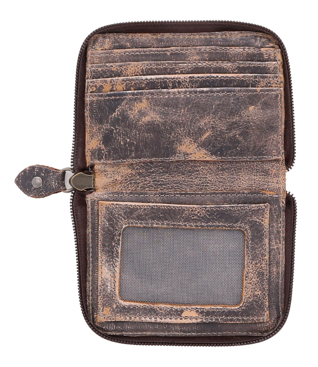 A brown leather Ozzie wallet with a zipper from Bed Stu.