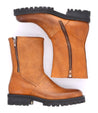 A pair of tan Bed Stu Italian leather boots with zippers known for their durability.