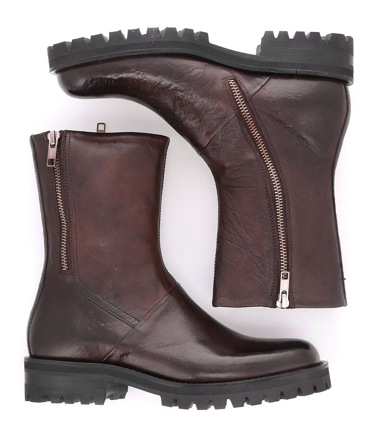 A pair of Bed Stu Ploy Italian leather boots on a white background.