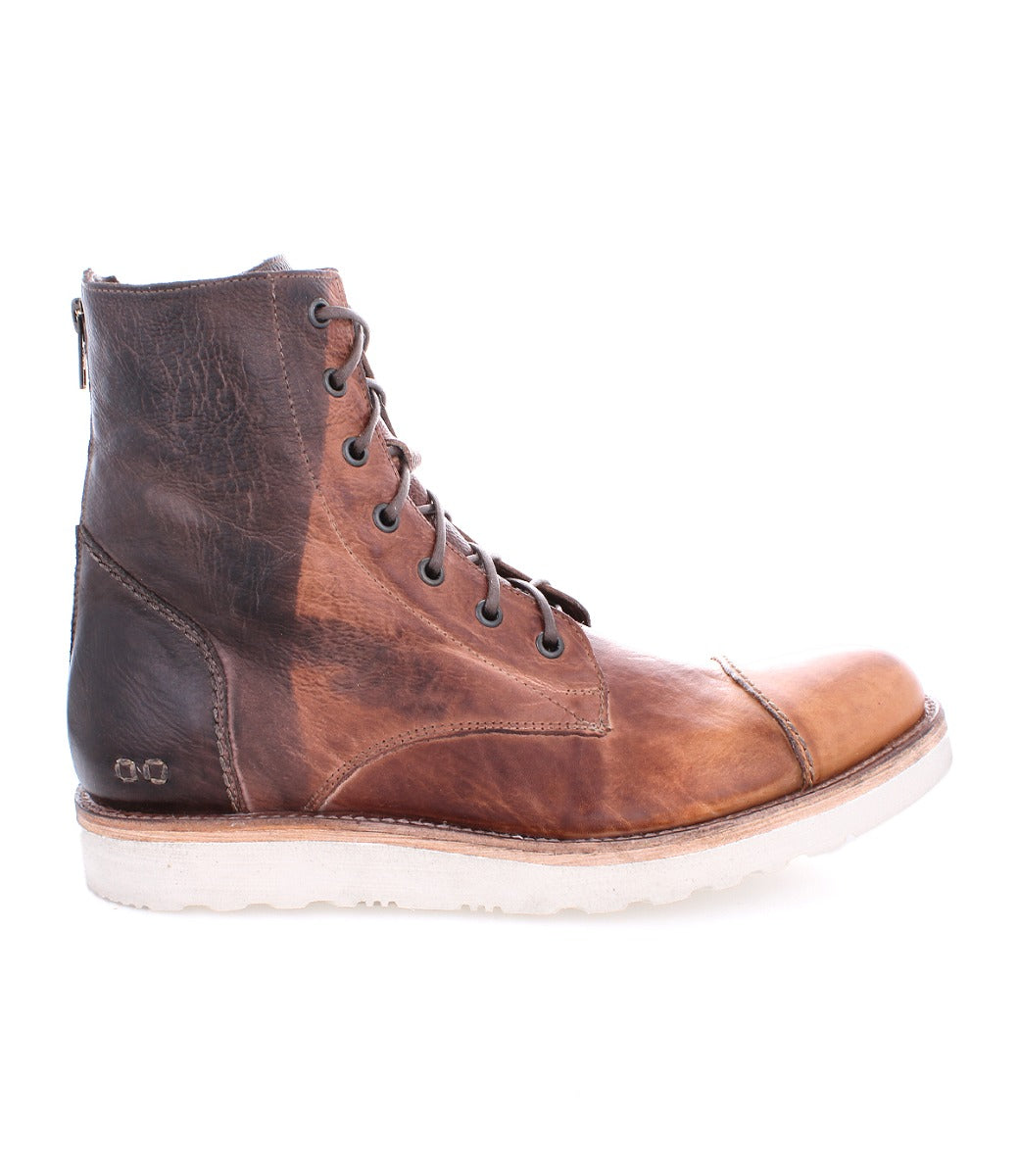 A single brown leather men's Protege Light Boot by Bed Stu with lace-up front and a light-colored sole, isolated on a white background.