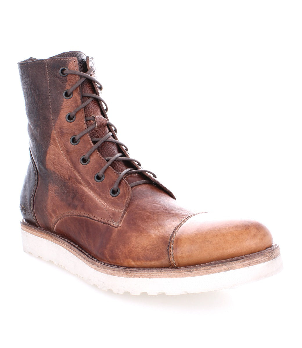 A single Protege Light boot by Bed Stu, brown leather with laces, featuring a cap toe and cushioned leather insoles, isolated on a white background.