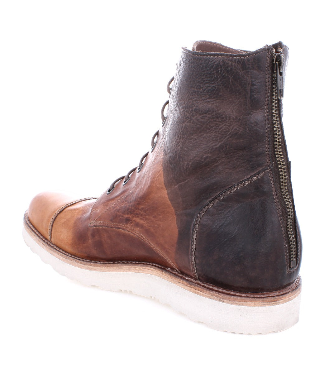 Side view of a two-tone brown leather Bed Stu Protege Light Black Lux Boot with laces and a side zipper, isolated on a white background.