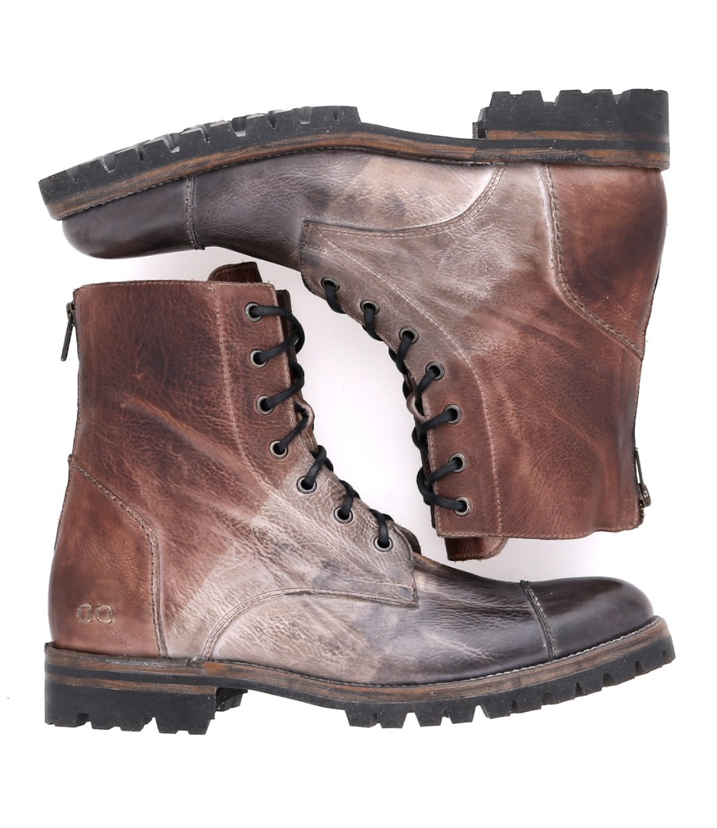 A pair of Bed Stu Protege Trek brown leather lace-up boots with a Vibram outsole, displayed against a white background.